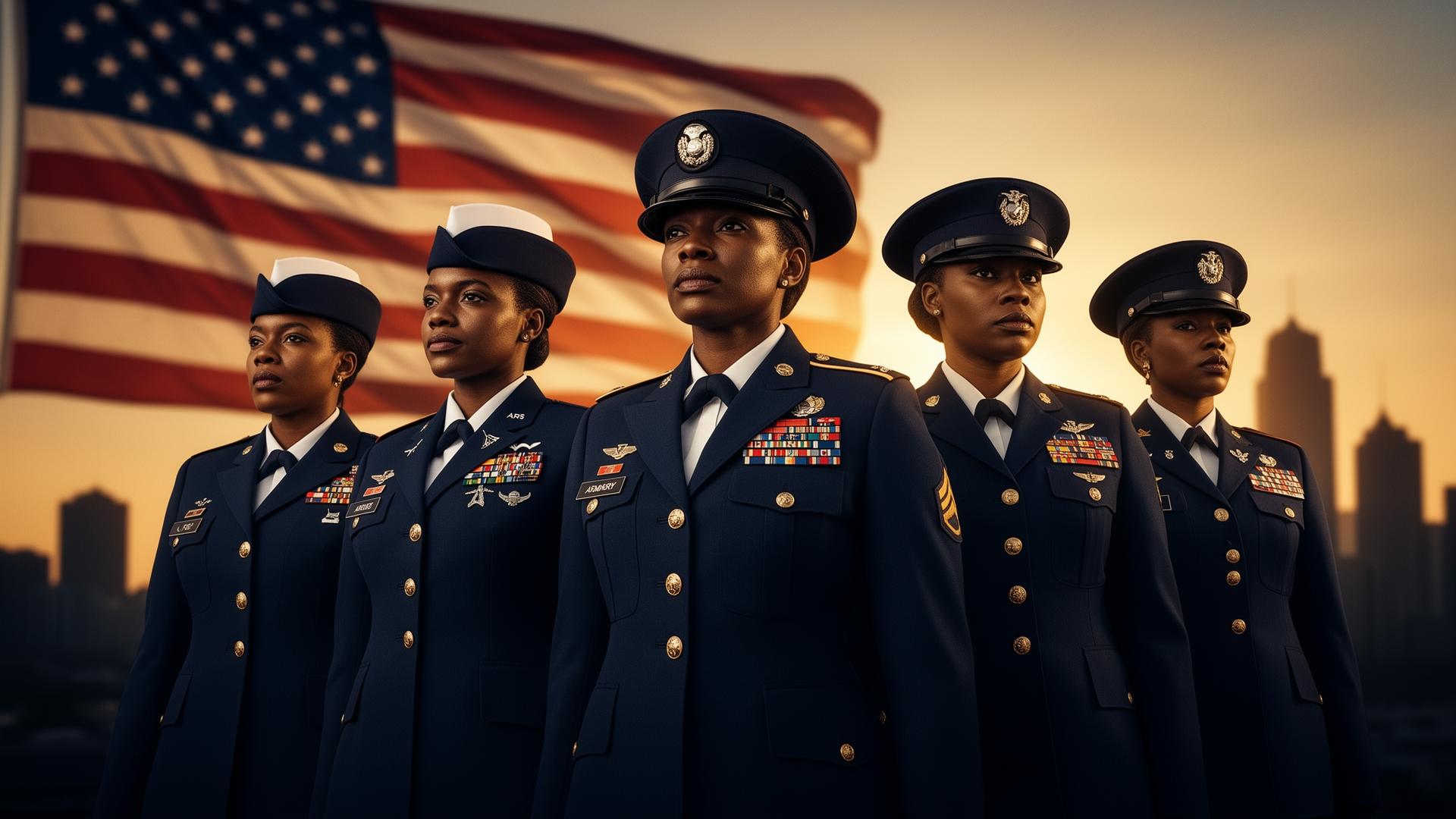 African-American military women in dress uniform standing before the American flag